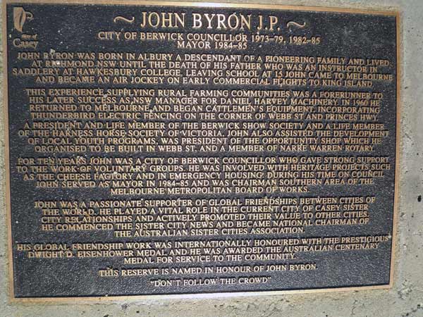 phot of John Byron Reserve Plaque