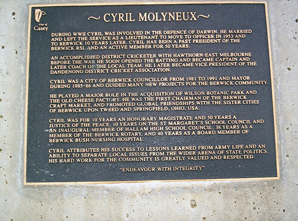 photo of Cyril Molyneux Reserve Plaque detail