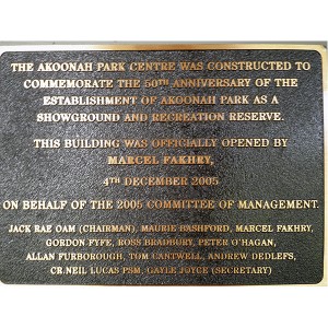 Akoonah Park Centre Opening Ceremony plaque